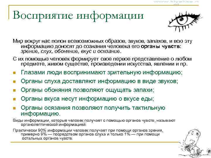Восприятие информации Мир вокруг нас полон всевозможных образов, звуков, запахов, и всю эту 