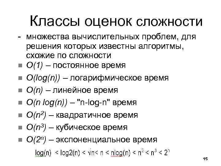  Классы оценок сложности - множества вычислительных проблем, для  решения которых известны алгоритмы,
