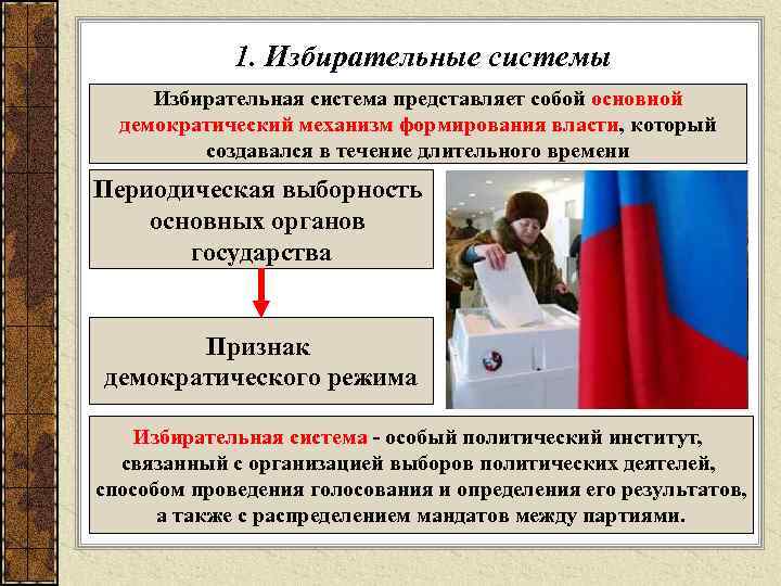    1. Избирательные системы Избирательная система представляет собой основной  демократический механизм