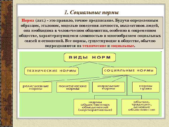      1. Социальные нормы Норма (лат. ) - это правило,