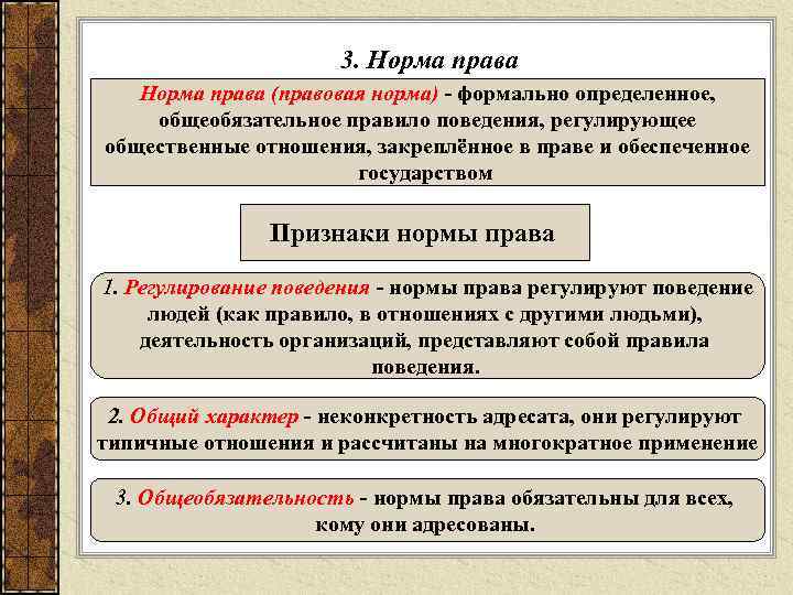      3. Норма права (правовая норма) - формально определенное, общеобязательное