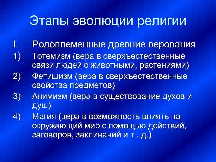  Этапы эволюции религии I.  Родоплеменные древние верования 1)  Тотемизм (вера в