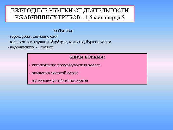  ЕЖЕГОДНЫЕ УБЫТКИ ОТ ДЕЯТЕЛЬНОСТИ  РЖАВЧИННЫХ ГРИБОВ - 1, 5 миллиарда $ 