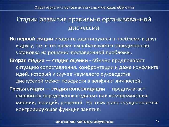    Характеристика основных активных методов обучения  Стадии развития правильно организованной 