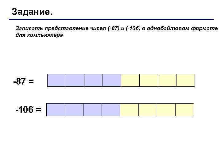 Задание. Записать представление чисел (-87) и (-106) в однобайтовом формате для компьютера -87 =