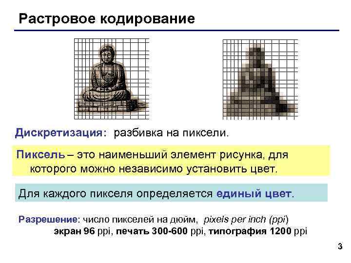 Растровое кодирование Дискретизация: разбивка на пиксели. Пиксель – это наименьший элемент рисунка, Растровое кодирование Дискретизация: разбивка на пиксели. Пиксель – это наименьший элемент рисунка,