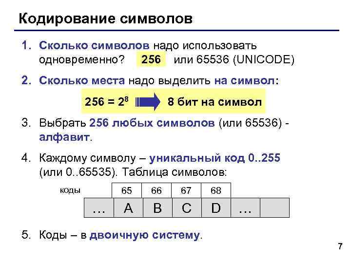 Кодирование символов 1. Сколько символов надо использовать одновременно? 256 или 65536 (UNICODE) 2. Сколько