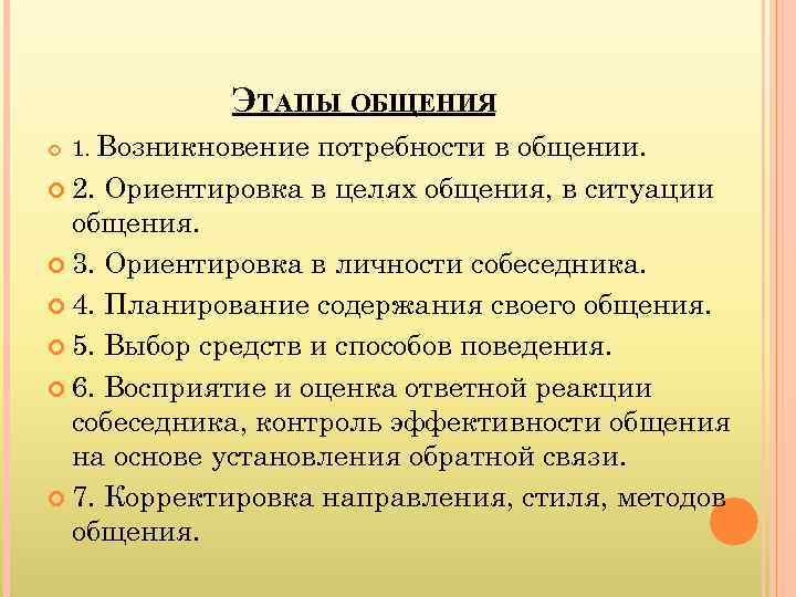    ЭТАПЫ ОБЩЕНИЯ 1. Возникновение    потребности в общении. 