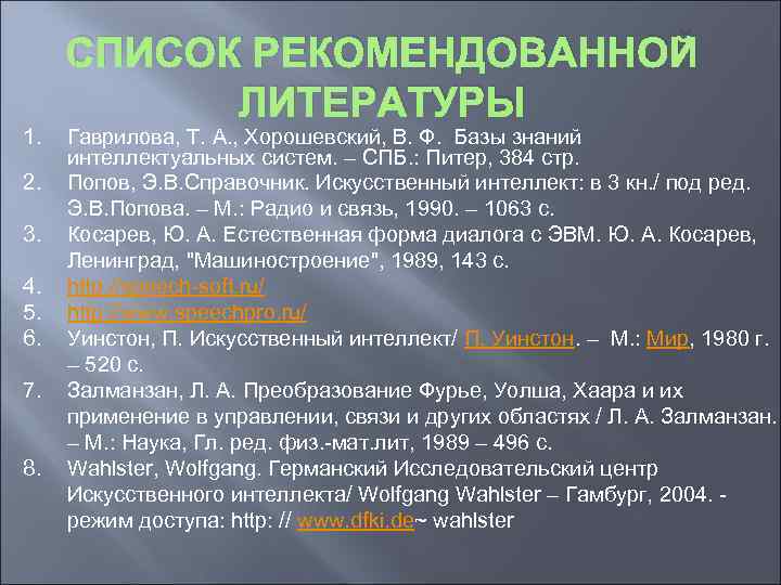  СПИСОК РЕКОМЕНДОВАННОЙ  ЛИТЕРАТУРЫ 1.  Гаврилова, Т. А. , Хорошевский, В. Ф.