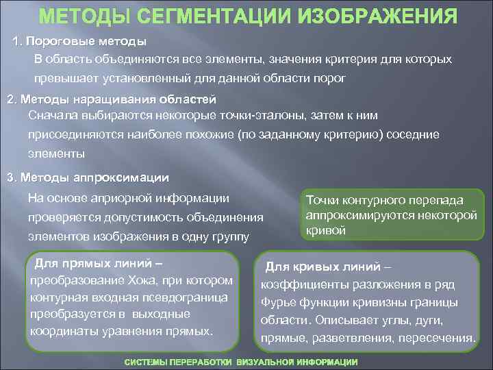  МЕТОДЫ СЕГМЕНТАЦИИ ИЗОБРАЖЕНИЯ 1. Пороговые методы В область объединяются все элементы, значения критерия