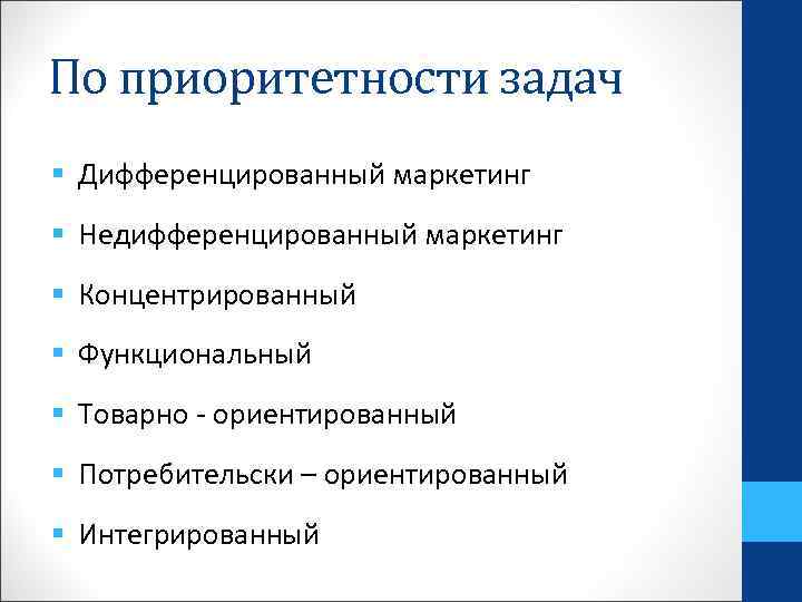 По приоритетности задач § Дифференцированный маркетинг § Недифференцированный маркетинг § Концентрированный § Функциональный §