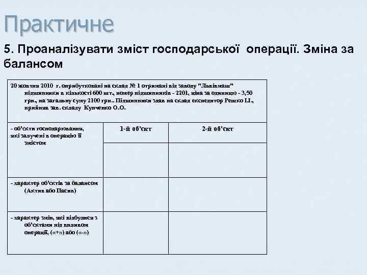 Практичне 5. Проаналізувати зміст господарської операції. Зміна за балансом 20 жовтня 2010 г. оприбутковані