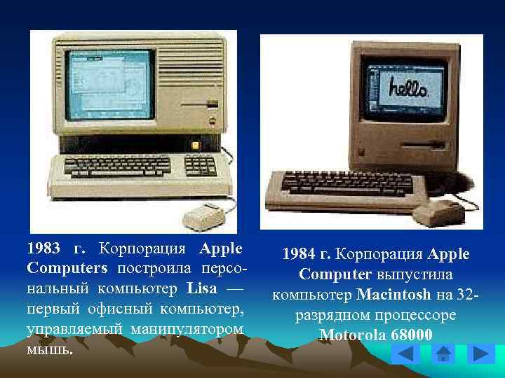 1983 г. Корпорация Apple 1984 г. Корпорация Apple Computers построила персо- Computer выпустила нальный 1983 г. Корпорация Apple 1984 г. Корпорация Apple Computers построила персо- Computer выпустила нальный