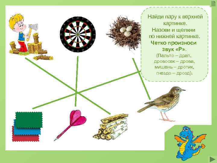 Найди пару к верхней картинке.  Назови и щелкни по нижней картинке.  Четко