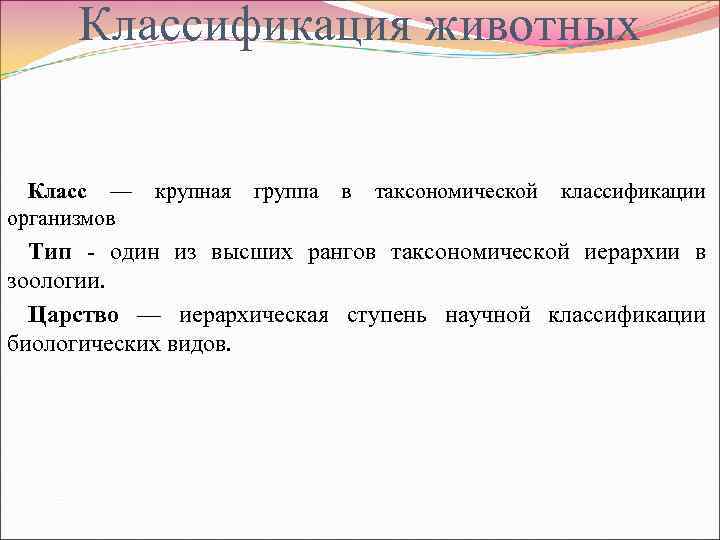  Классификация животных Класс —  крупная  группа  в  таксономической 