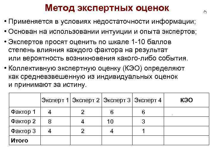    Метод экспертных оценок • Применяется в условиях недостаточности информации;  •