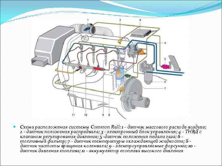  Схема расположения системы Common Rail: 1 - датчик массового расхода воздуха; 2 -