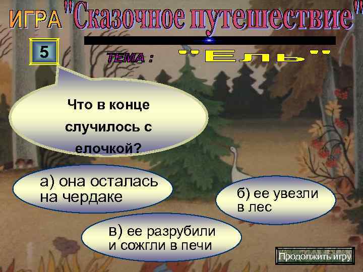 5 Что в конце случилось с елочкой?  а) она осталась на чердаке 