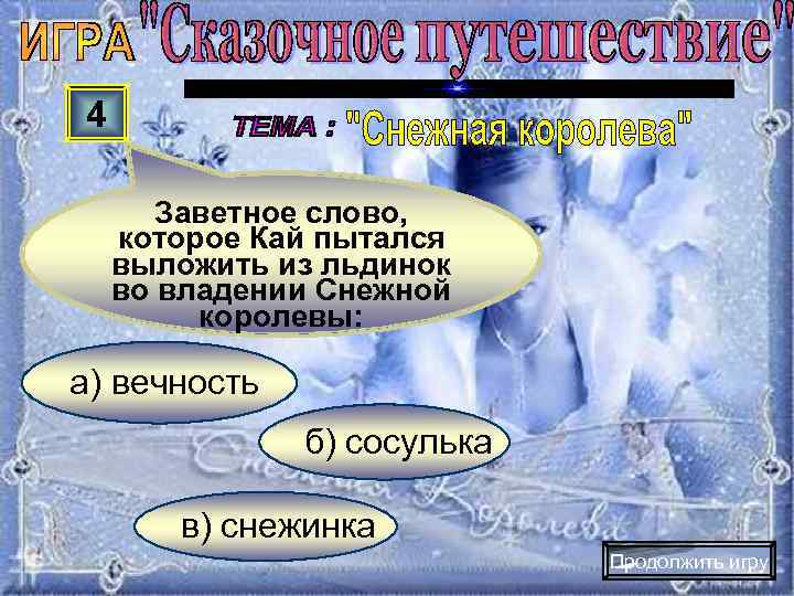 4   Заветное слово, которое Кай пытался выложить из льдинок во владении Снежной