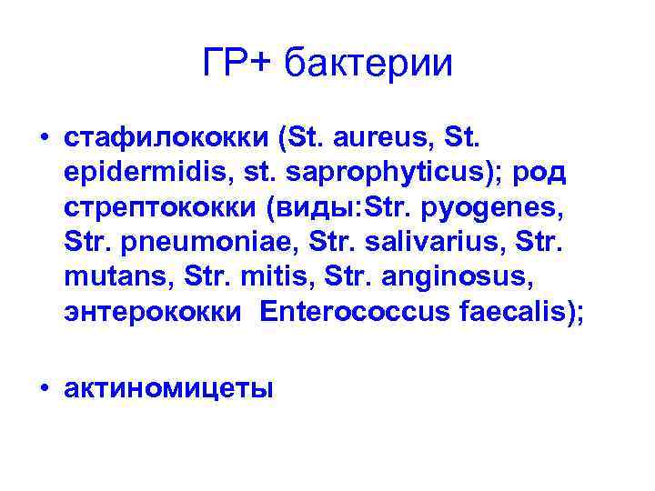   ГР+ бактерии • стафилококки (St. aureus, St. epidermidis, st. saprophyticus); род 