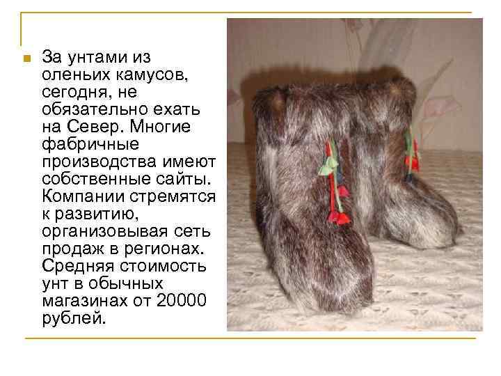 n  За унтами из оленьих камусов,  сегодня, не обязательно ехать на Север.
