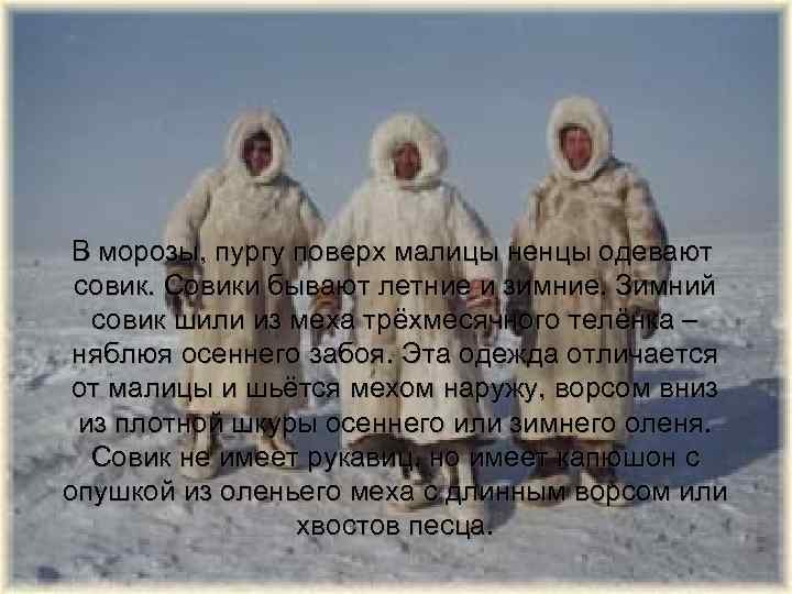   В морозы, пургу поверх малицы ненцы одевают совик. Совики бывают летние и