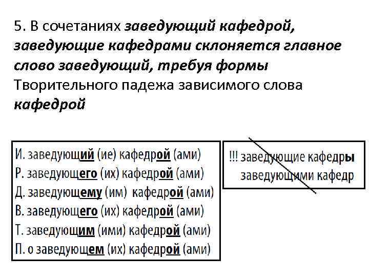 5. В сочетаниях заведующий кафедрой, заведующие кафедрами склоняется главное слово заведующий, требуя формы Творительного 5. В сочетаниях заведующий кафедрой, заведующие кафедрами склоняется главное слово заведующий, требуя формы Творительного