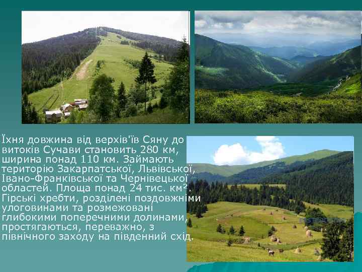 Їхня довжина від верхів'їв Сяну до витоків Сучави становить 280 км, ширина понад 110