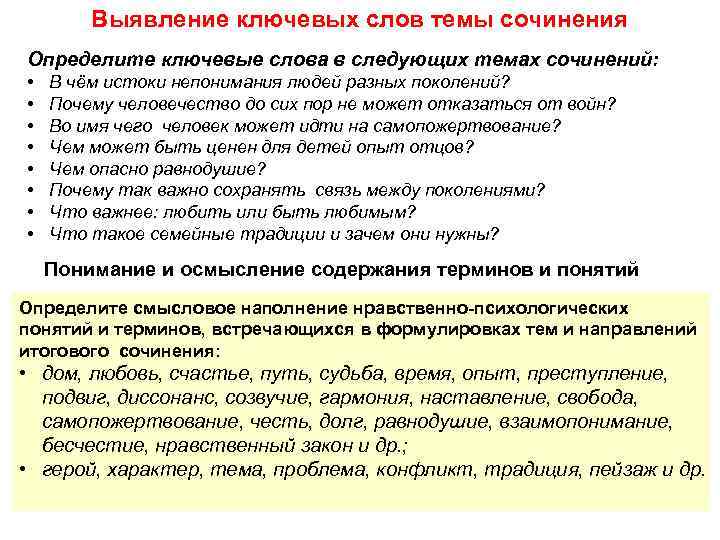   Выявление ключевых слов темы сочинения Определите ключевые слова в следующих темах сочинений:
