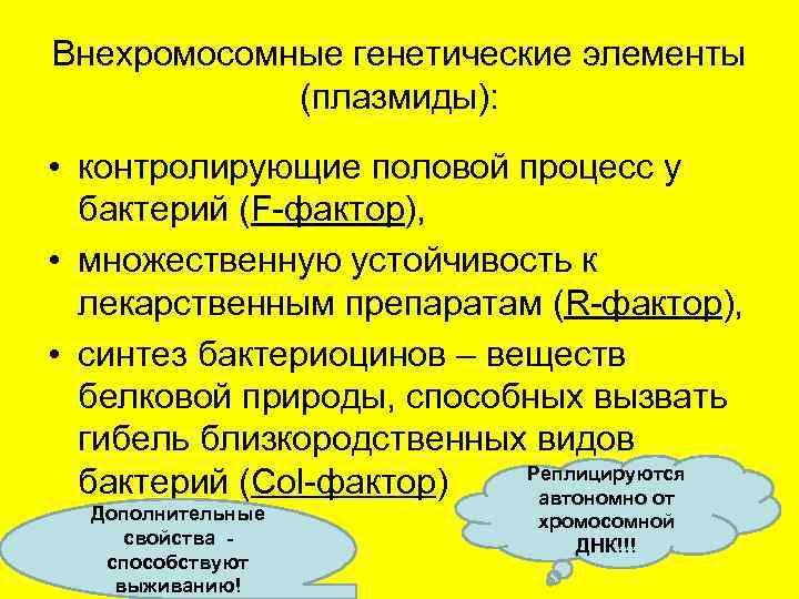Внехромосомные генетические элементы   (плазмиды):  • контролирующие половой процесс у  бактерий
