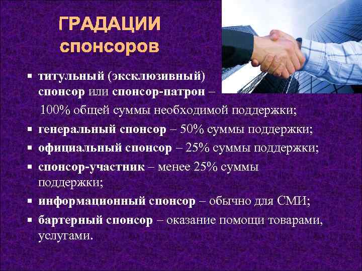  ГРАДАЦИИ спонсоров  титульный (эксклюзивный) спонсор или спонсор-патрон – 100% общей суммы необходимой