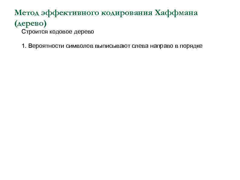 Метод эффективного кодирования Хаффмана (дерево) Строится кодовое дерево 1. Вероятности символов выписывают слева направо