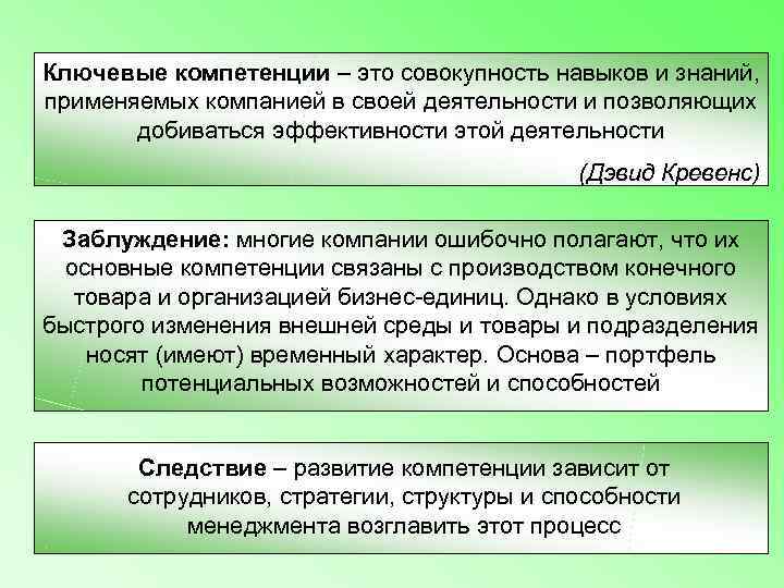 Ключевые компетенции – это совокупность навыков и знаний,  применяемых компанией в своей деятельности