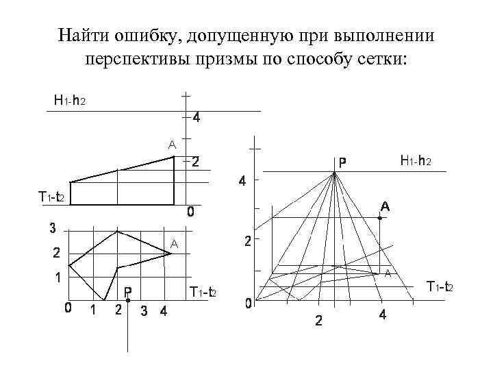 Найти ошибку, допущенную при выполнении перспективы призмы по способу сетки: Найти ошибку, допущенную при выполнении перспективы призмы по способу сетки: