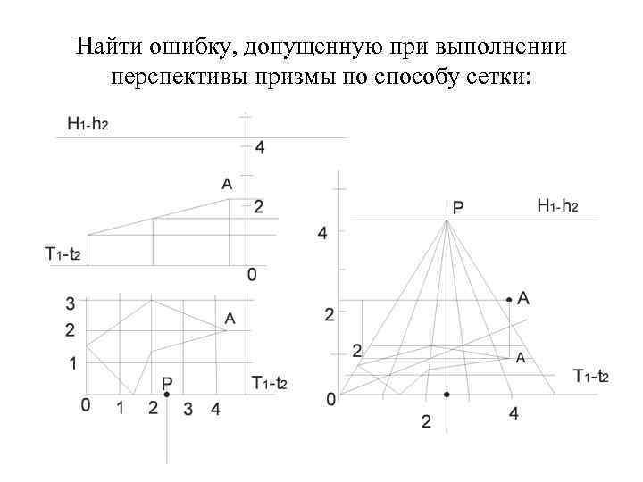 Найти ошибку, допущенную при выполнении перспективы призмы по способу сетки: Найти ошибку, допущенную при выполнении перспективы призмы по способу сетки: