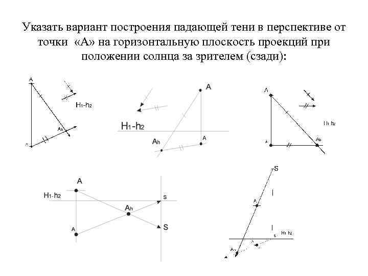 Указать вариант построения падающей тени в перспективе от точки «А» на горизонтальную плоскость Указать вариант построения падающей тени в перспективе от точки «А» на горизонтальную плоскость