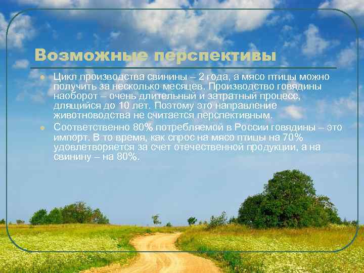 Возможные перспективы l  Цикл производства свинины – 2 года, а мясо птицы можно