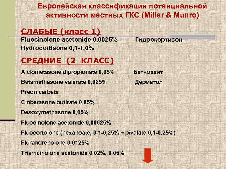  Европейская классификация потенциальной   активности местных ГКС (Miller & Мunro) СЛАБЫЕ (класс