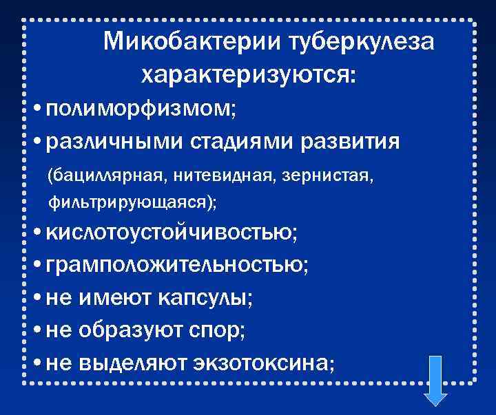   Микобактерии туберкулеза   характеризуются:  • полиморфизмом;  • различными стадиями