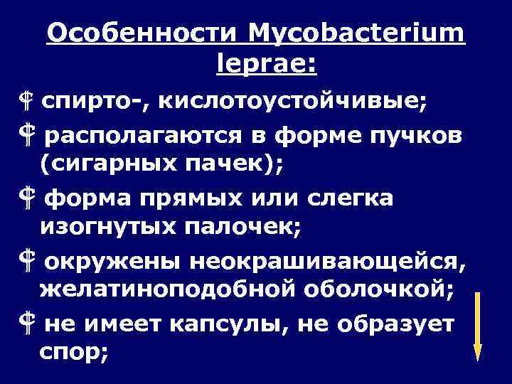  Особенности Mycobacterium   leprae:  спирто-, кислотоустойчивые;  располагаются в форме пучков