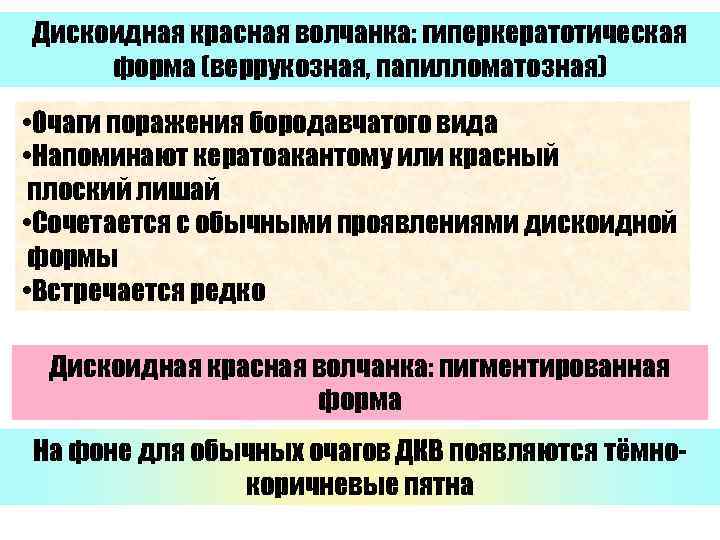 Дискоидная красная волчанка: гиперкератотическая форма (веррукозная, папилломатозная) • Очаги поражения бородавчатого вида • Напоминают