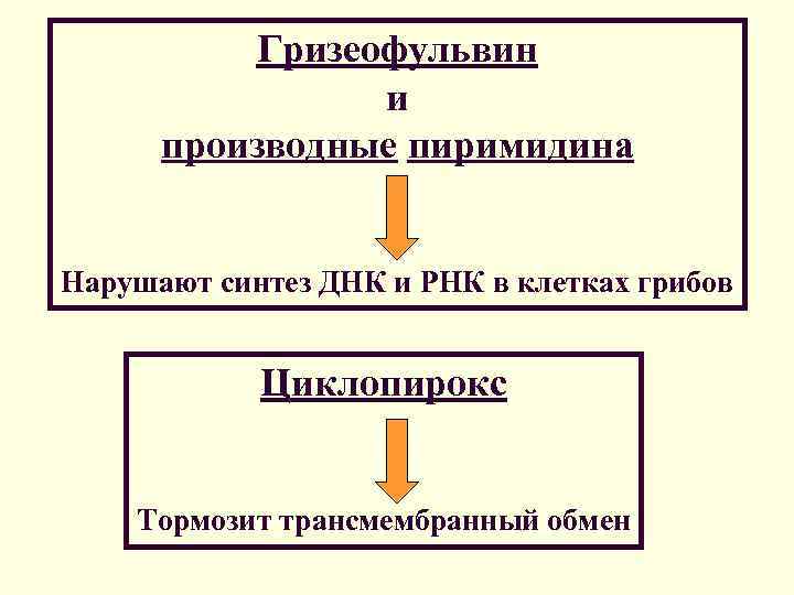   Гризеофульвин   и  производные пиримидина  Нарушают синтез ДНК и