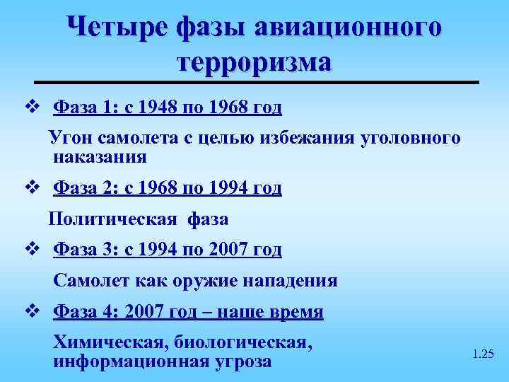   Четыре фазы авиационного  терроризма v Фаза 1: с 1948 по 1968