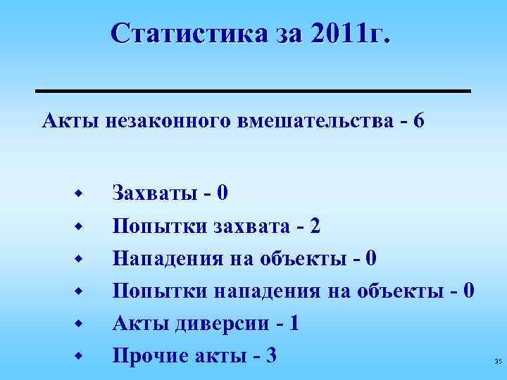  Статистика за 2011 г.  Акты незаконного вмешательства - 6 w  Захваты