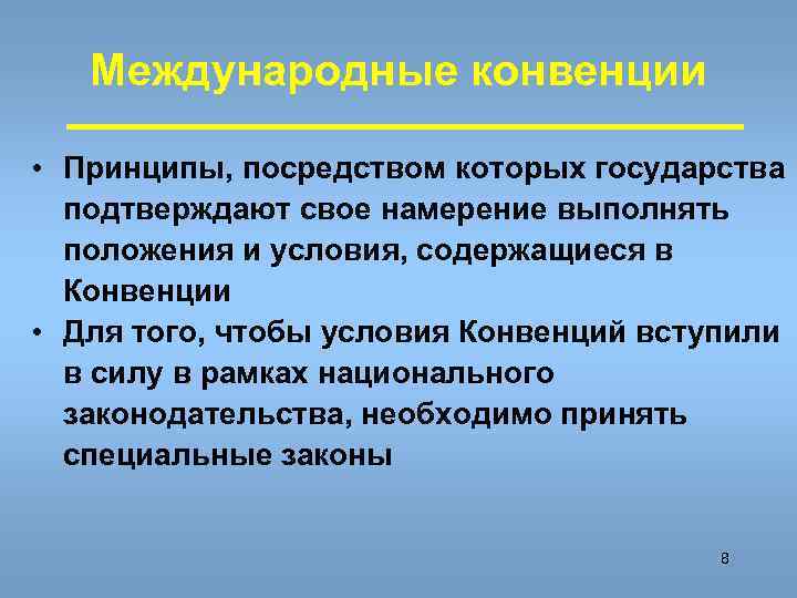   Международные конвенции  • Принципы, посредством которых государства  подтверждают свое намерение