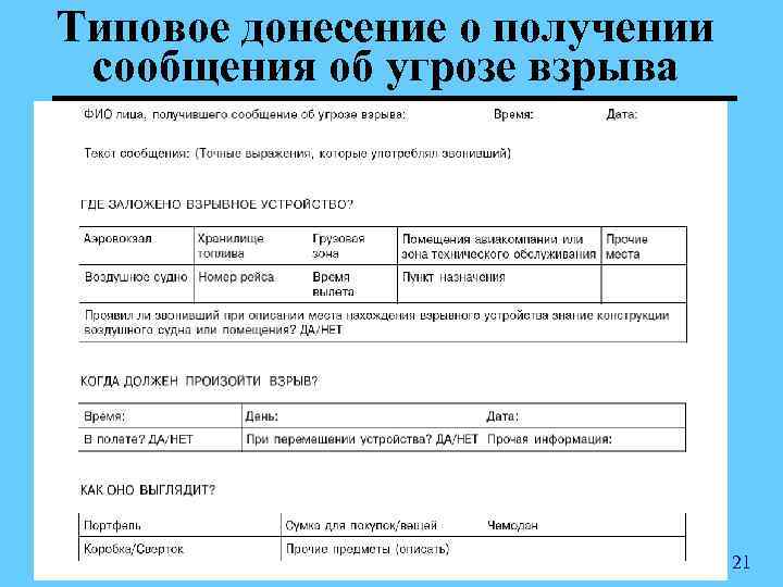 Типовое донесение о получении сообщения об угрозе взрыва 21 