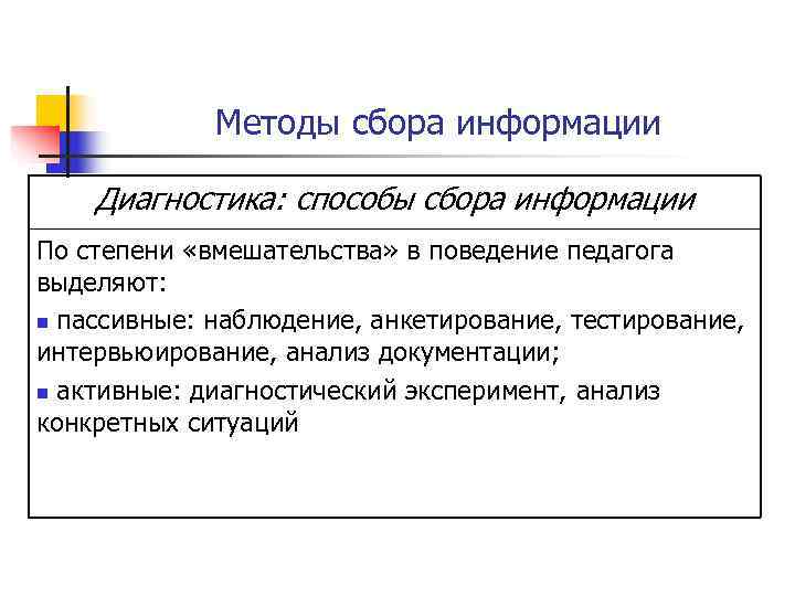    Методы сбора информации Диагностика: способы сбора информации По степени «вмешательства» в