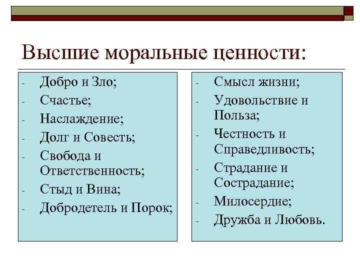 Высшие моральные ценности: -  Добро и Зло;  -  Смысл жизни; -