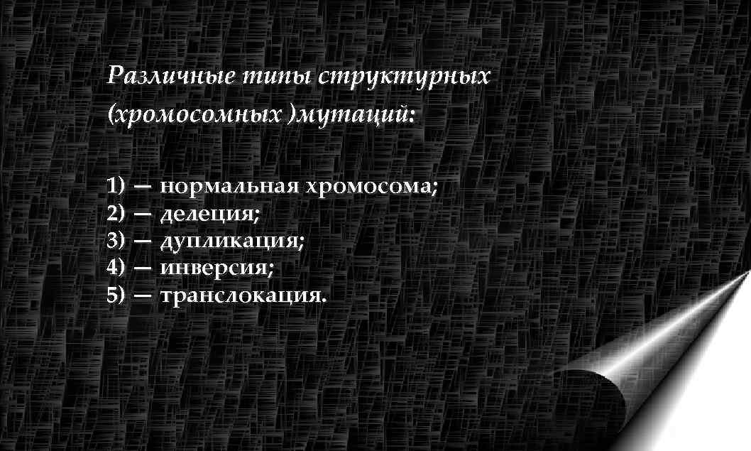 Различные типы структурных (хромосомных )мутаций:  1) — нормальная хромосома; 2) — делеция; 3)