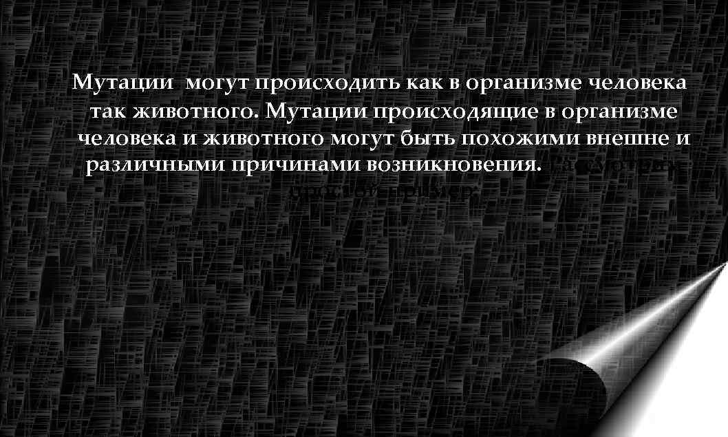 Мутации могут происходить как в организме человека так животного. Мутации происходящие в организме человека